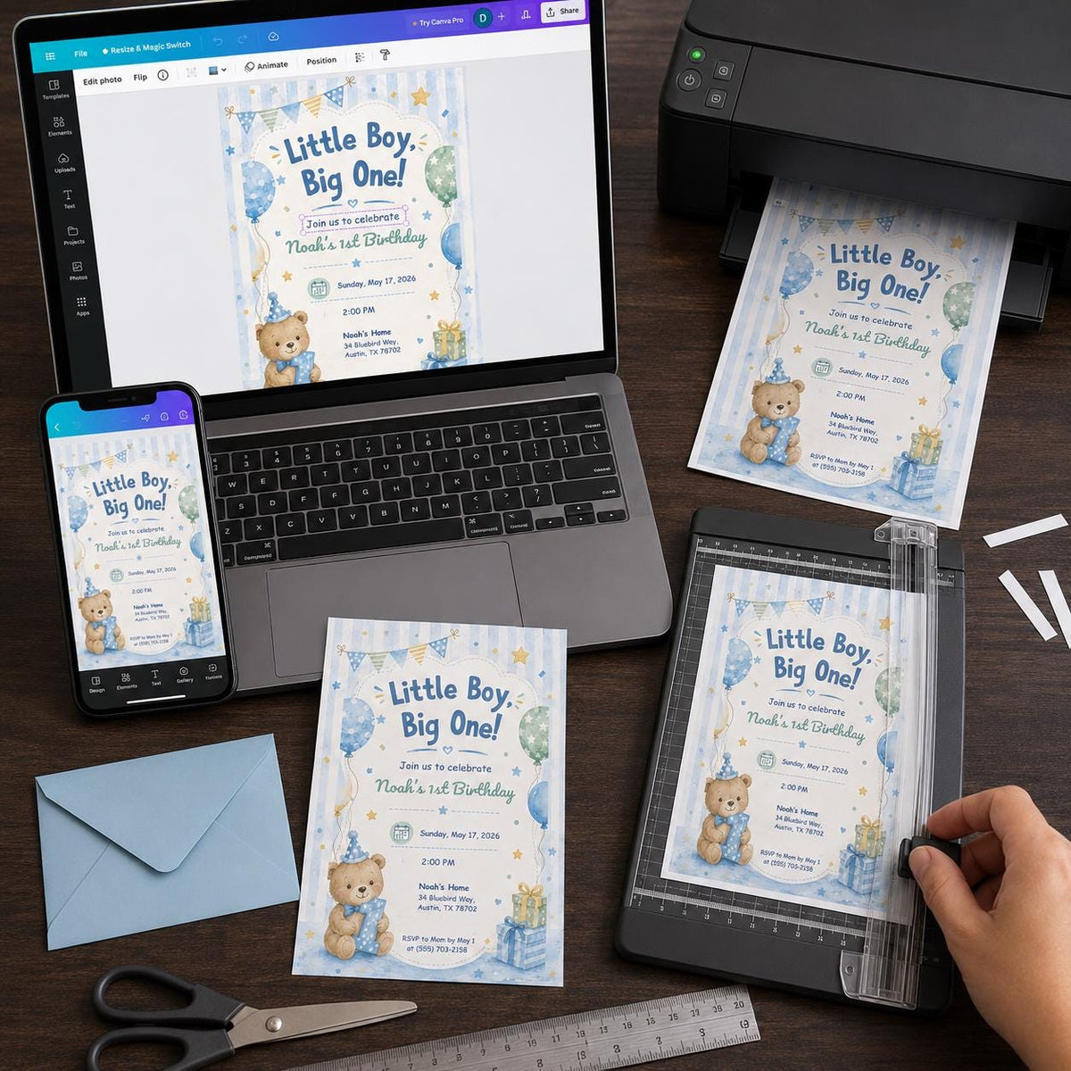 Blue Watercolor First Birthday Boy Invitation: Little Boy Big One 1st Birthday — print-ready first birthday design