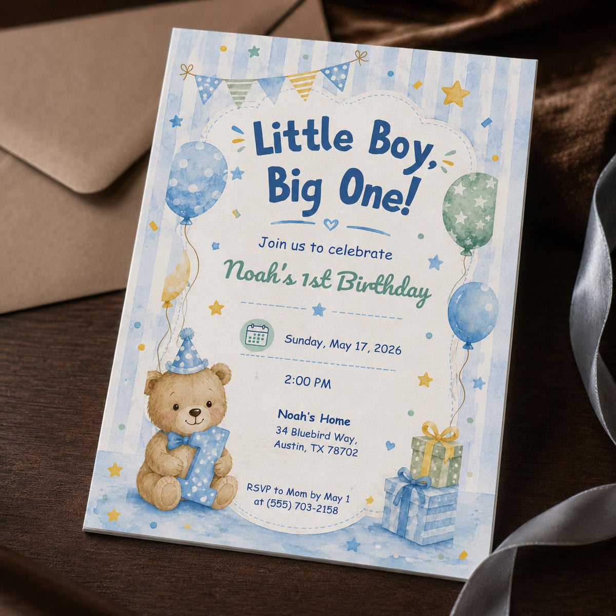 Blue Watercolor First Birthday Boy Invitation: Little Boy Big One 1st Birthday — digital invitation, instant download