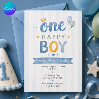 Blue Watercolor First Birthday Boy Invitation: One Happy Boy Watercolor Party — editable Canva template