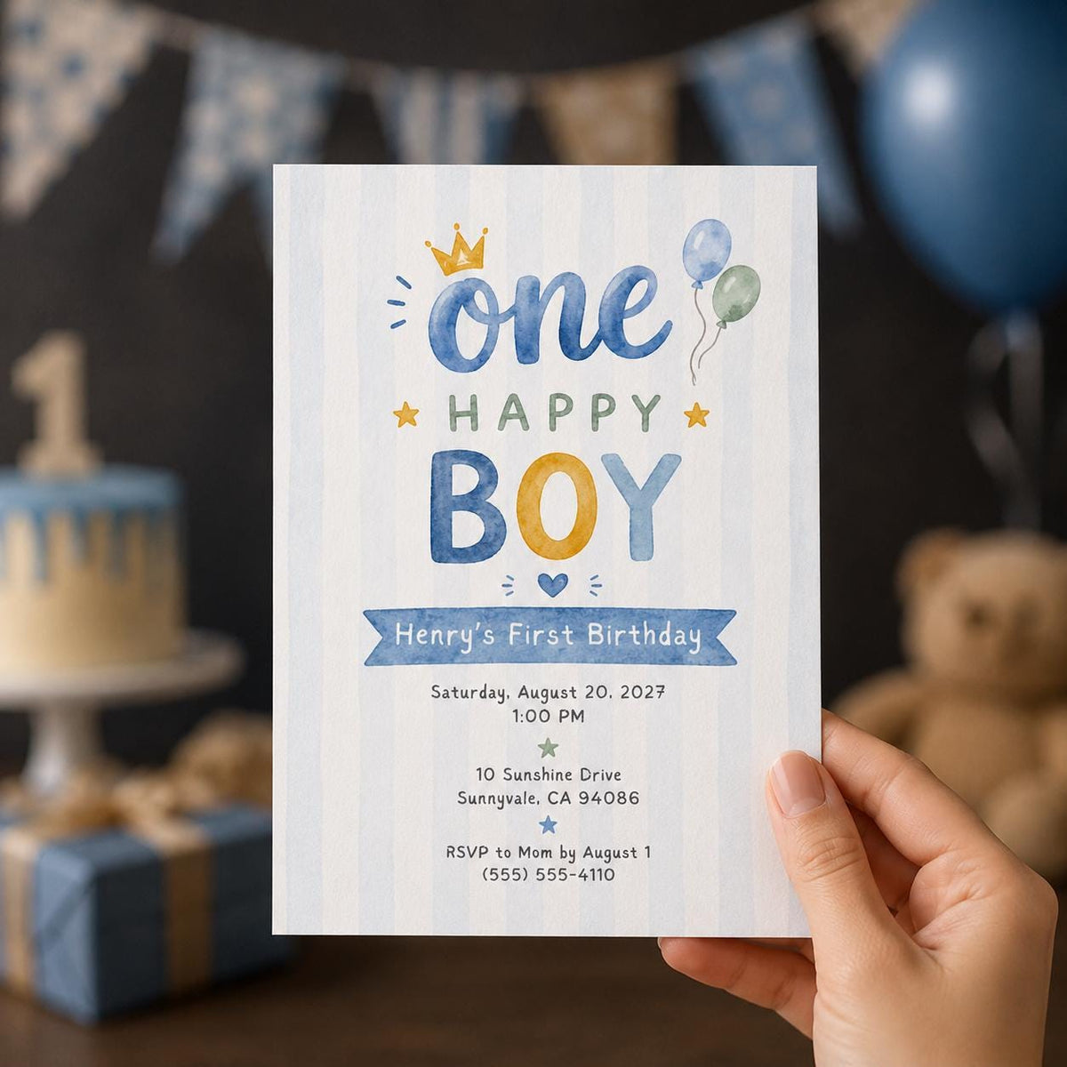 Blue Watercolor First Birthday Boy Invitation: One Happy Boy Watercolor Party — pastel first birthday design