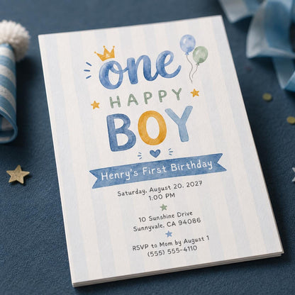 Blue Watercolor First Birthday Boy Invitation: One Happy Boy Watercolor Party — digital invitation, instant download