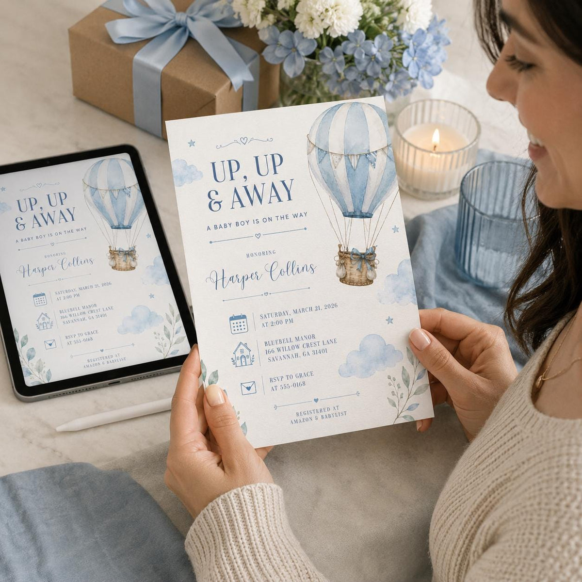 Blue Watercolor Hot Air Balloon Baby Boy Shower Invitation — invitation you personalize in Canva