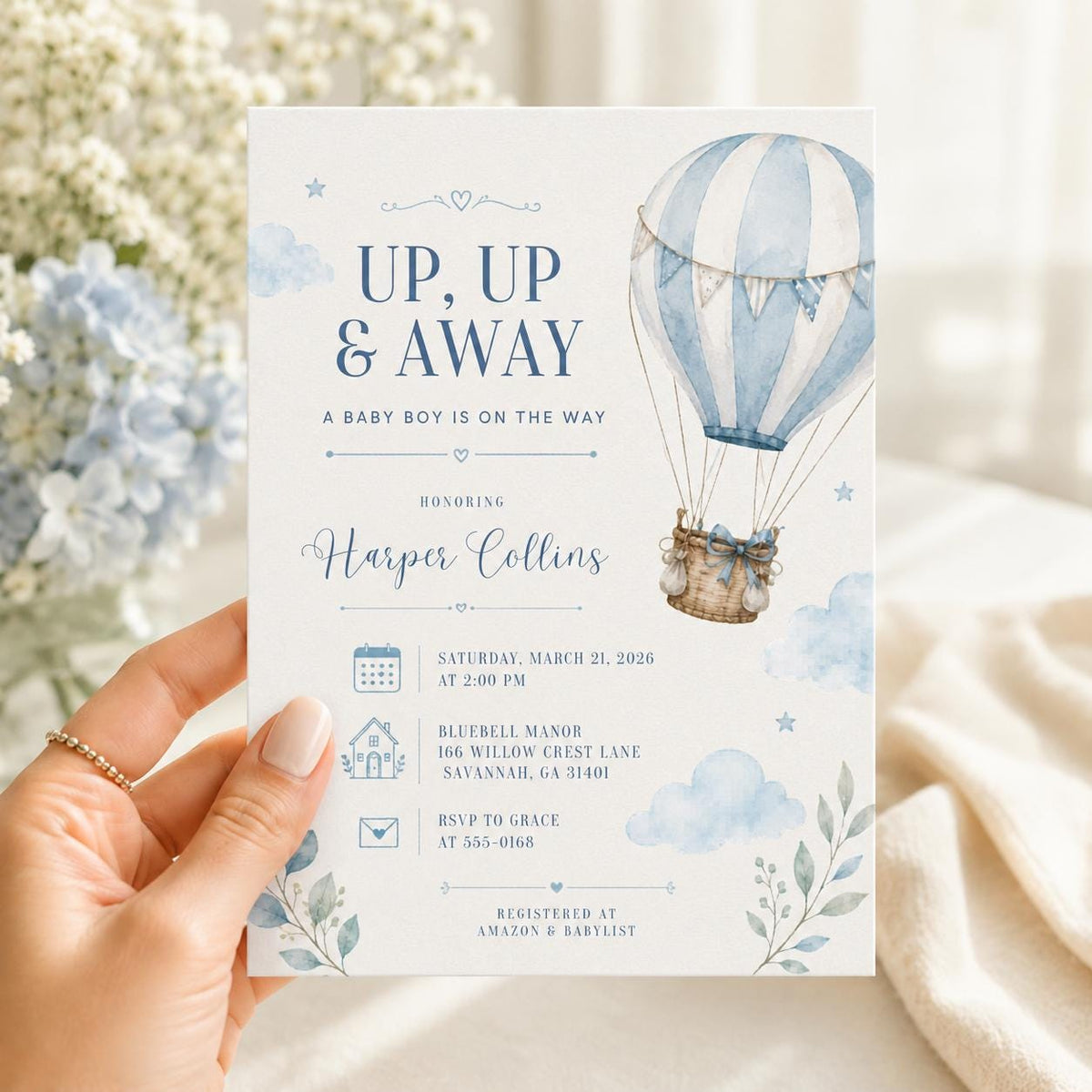 Blue Watercolor Hot Air Balloon Baby Boy Shower Invitation — print-ready baby shower design from VoltBy