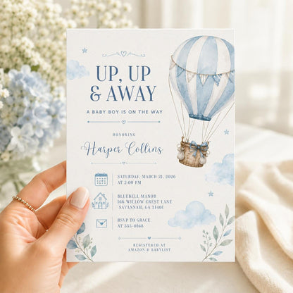 Blue Watercolor Hot Air Balloon Baby Boy Shower Invitation — print-ready baby shower design from VoltBy