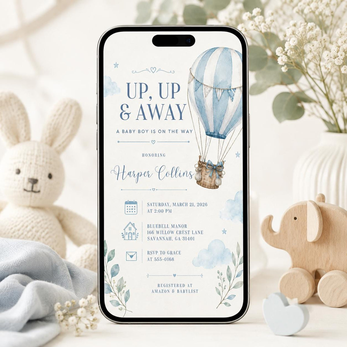 Blue Watercolor Hot Air Balloon Baby Boy Shower Invitation — digital invitation, instant download