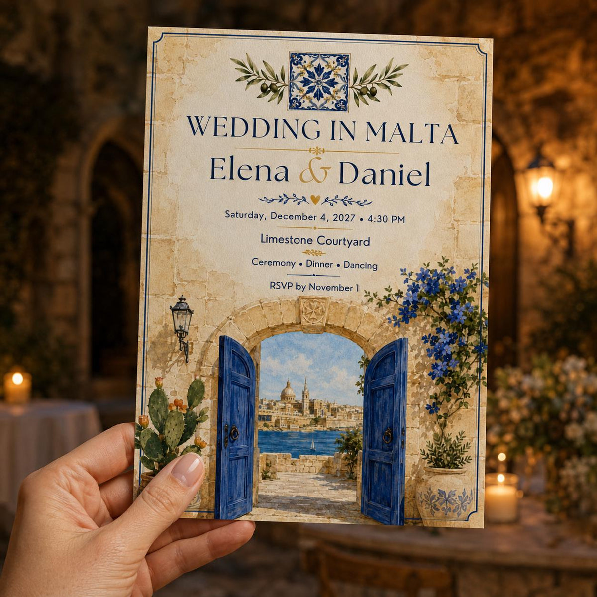 Blue Watercolor Malta Wedding Invitation — invitation you personalize in Canva