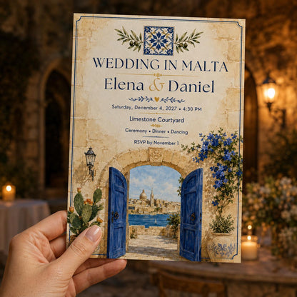Blue Watercolor Malta Wedding Invitation — invitation you personalize in Canva
