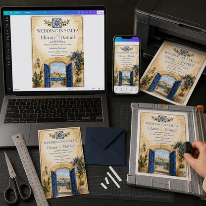 Blue Watercolor Malta Wedding Invitation — print-ready wedding design from VoltBy