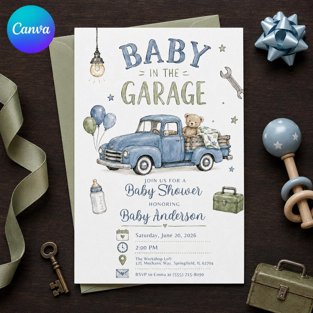 Blue Watercolor Mechanic Baby Shower Invitation — editable Canva template
