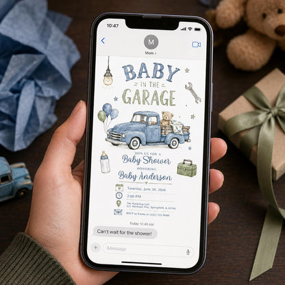 Blue Watercolor Mechanic Baby Shower Invitation — teddy bear design