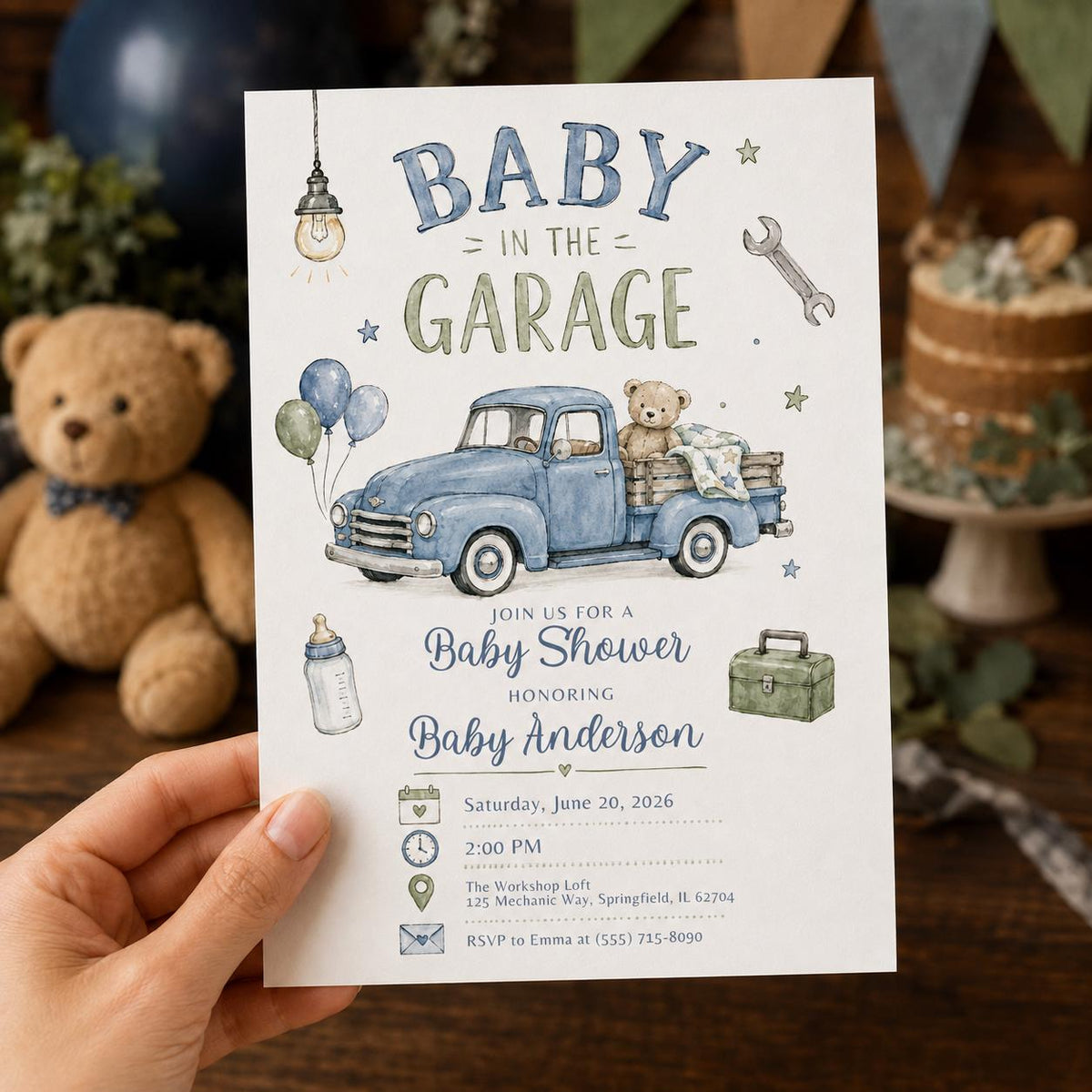 Blue Watercolor Mechanic Baby Shower Invitation — invitation you personalize in Canva