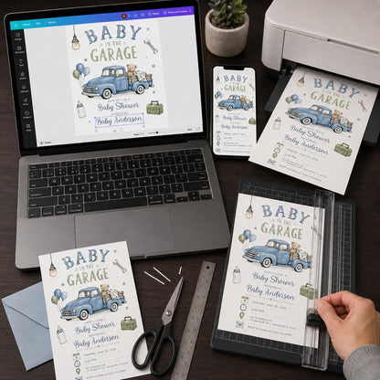 Blue Watercolor Mechanic Baby Shower Invitation — rustic baby shower design