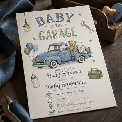 Blue Watercolor Mechanic Baby Shower Invitation — print-ready baby shower design from VoltBy