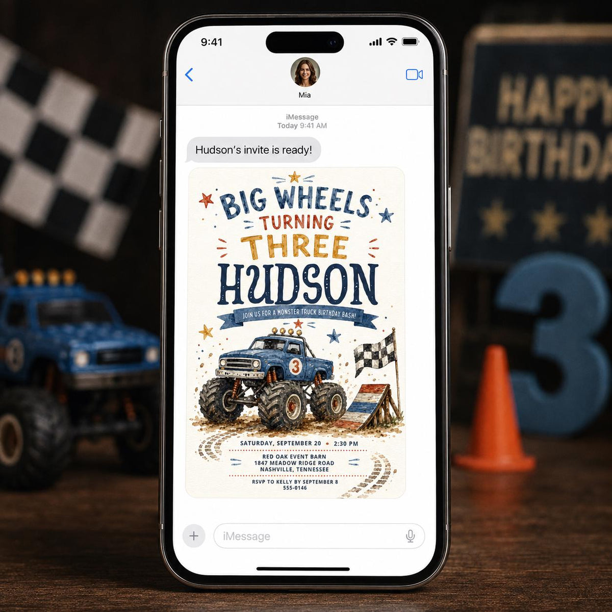 Blue Watercolor Monster Truck 3rd Birthday Invitation — invitation you personalize in Canva