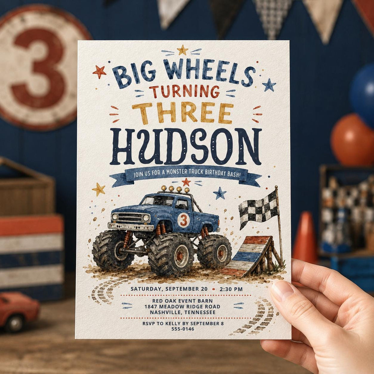 Blue Watercolor Monster Truck 3rd Birthday Invitation — checkered 3rd birthday party design