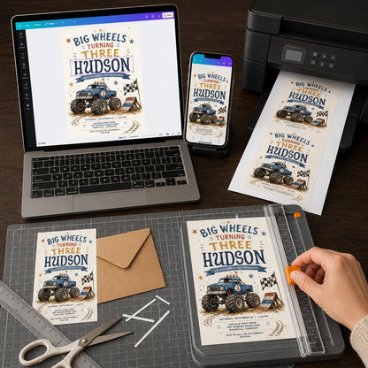 Blue Watercolor Monster Truck 3rd Birthday Invitation — print-ready 3rd birthday party design from VoltBy