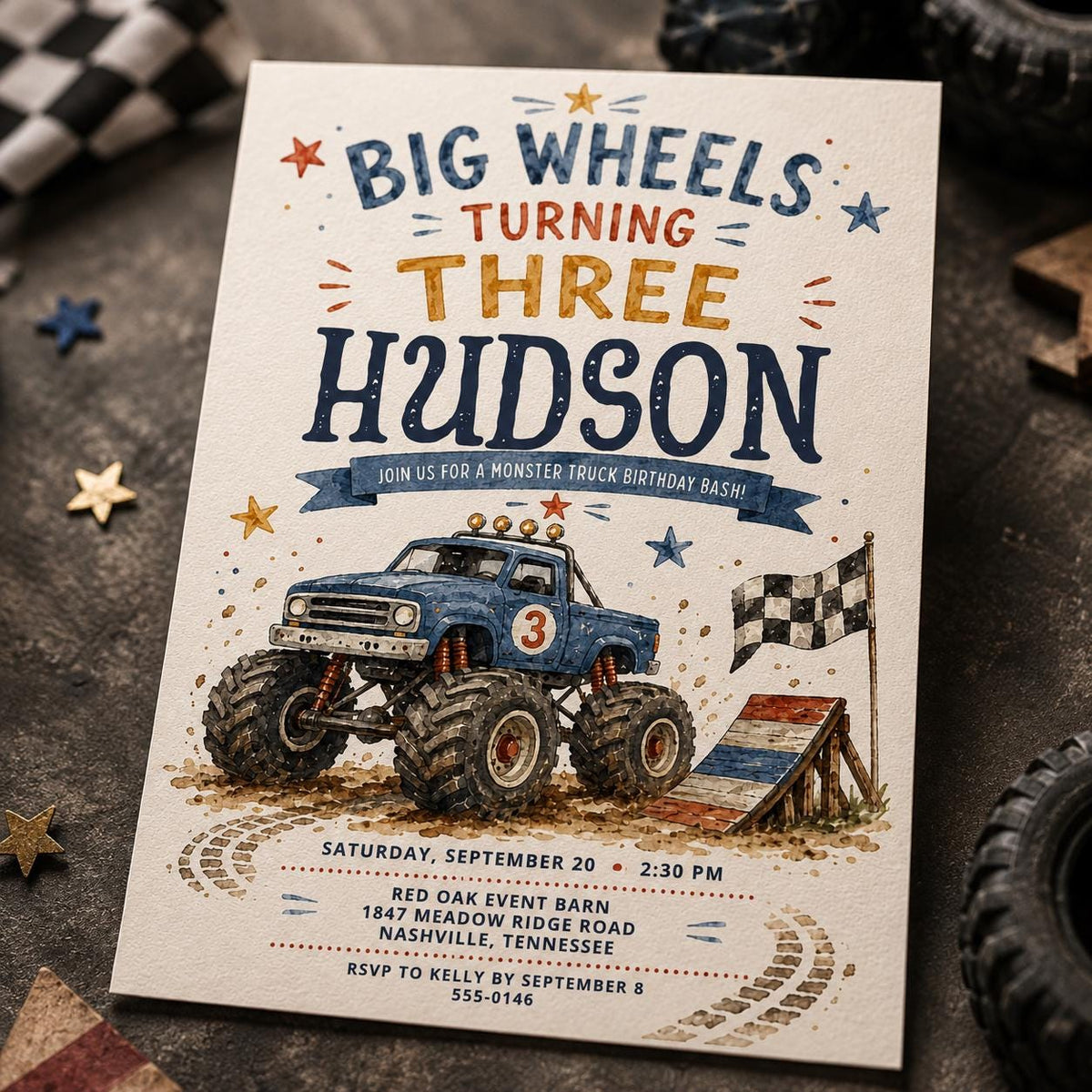 Blue Watercolor Monster Truck 3rd Birthday Invitation — digital invitation, instant download