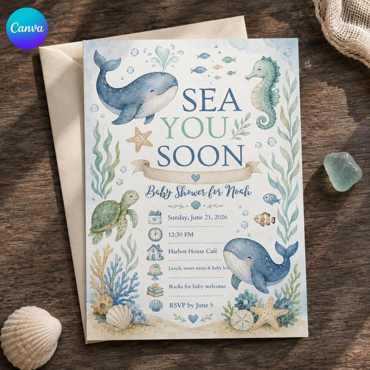 Blue Watercolor Sea You Soon Baby Shower Invitation for Boys