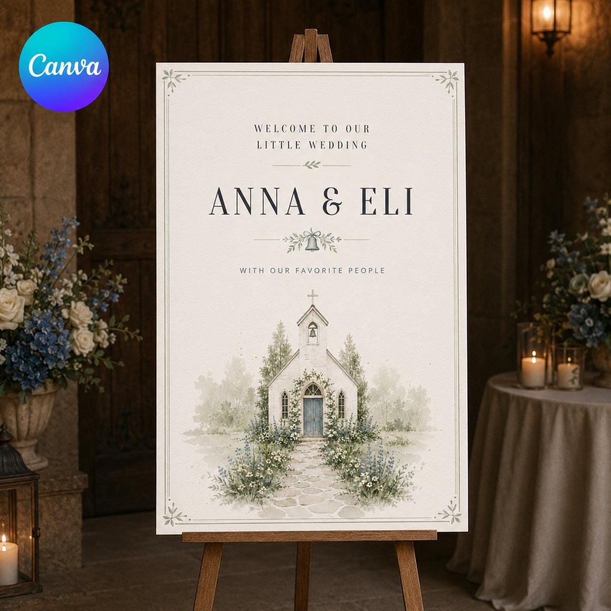 Blue Watercolor Small Wedding Welcome Sign — editable Canva template