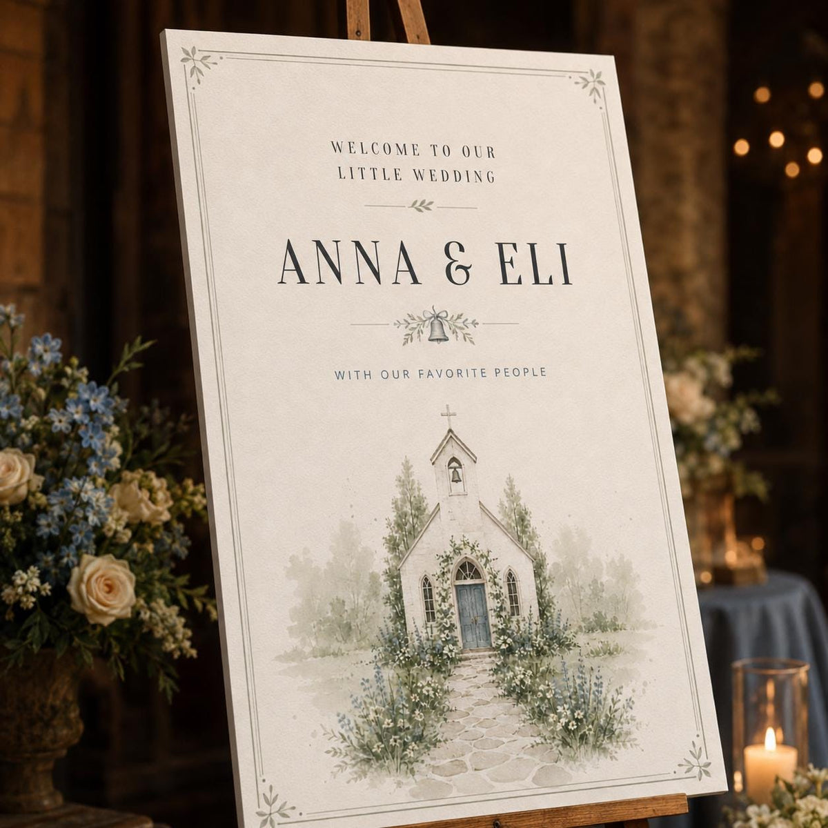 Blue Watercolor Small Wedding Welcome Sign — welcome sign you personalize in Canva