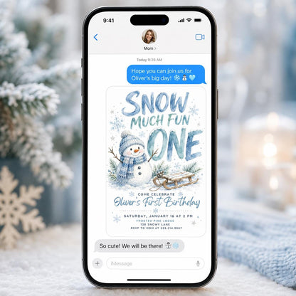 Blue Watercolor Snowy Ski Birthday One First Birthday Invitation — snowman design