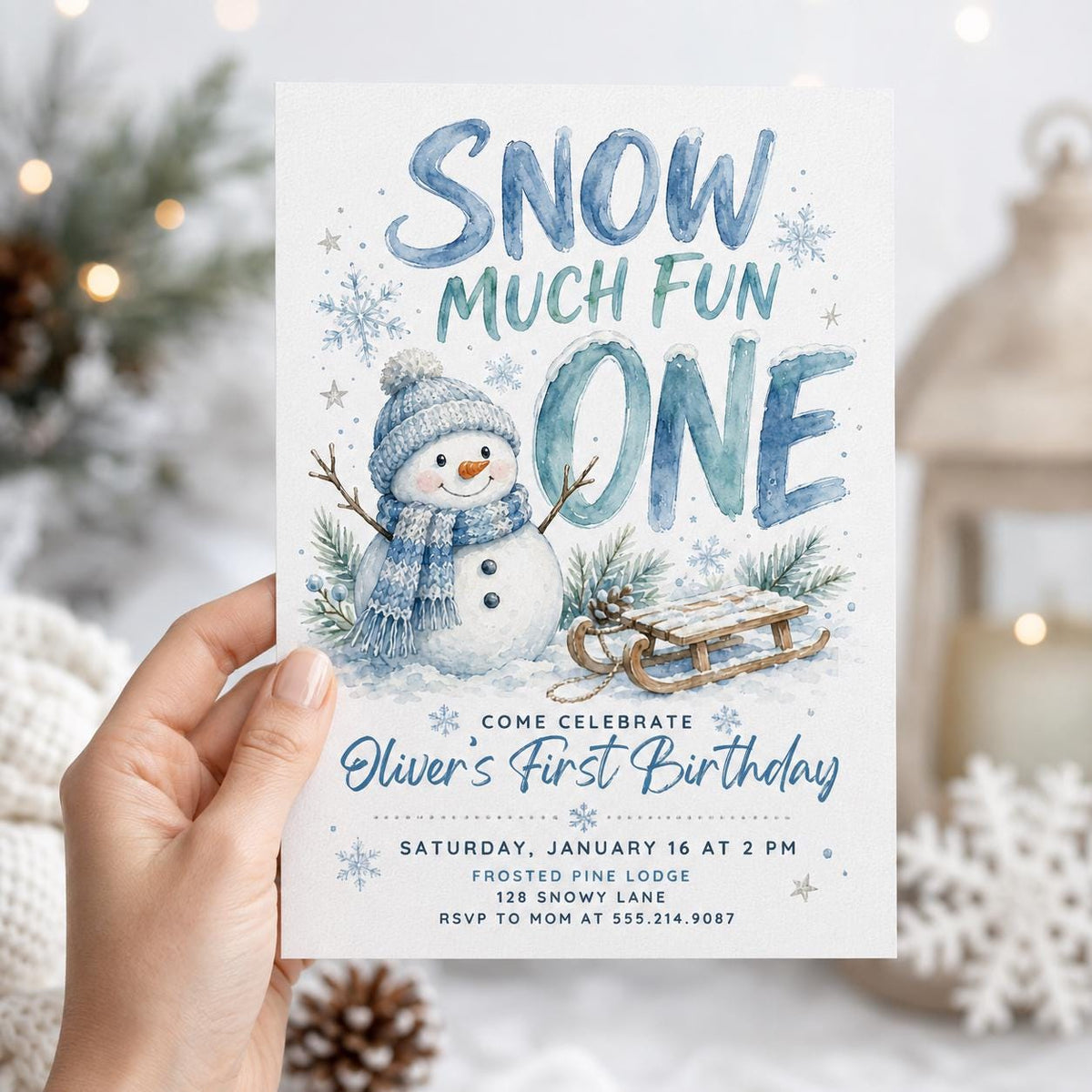 Blue Watercolor Snowy Ski Birthday One First Birthday Invitation — invitation you personalize in Canva