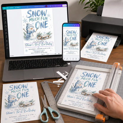 Blue Watercolor Snowy Ski Birthday One First Birthday Invitation — print-ready first birthday design from VoltBy
