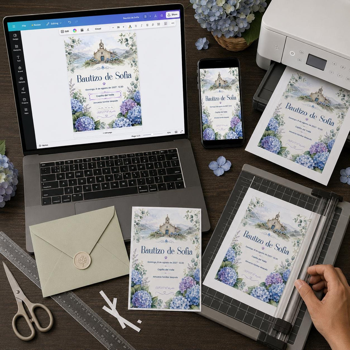 Blue Watercolor Spanish Baptism Invitation — floral baptism design