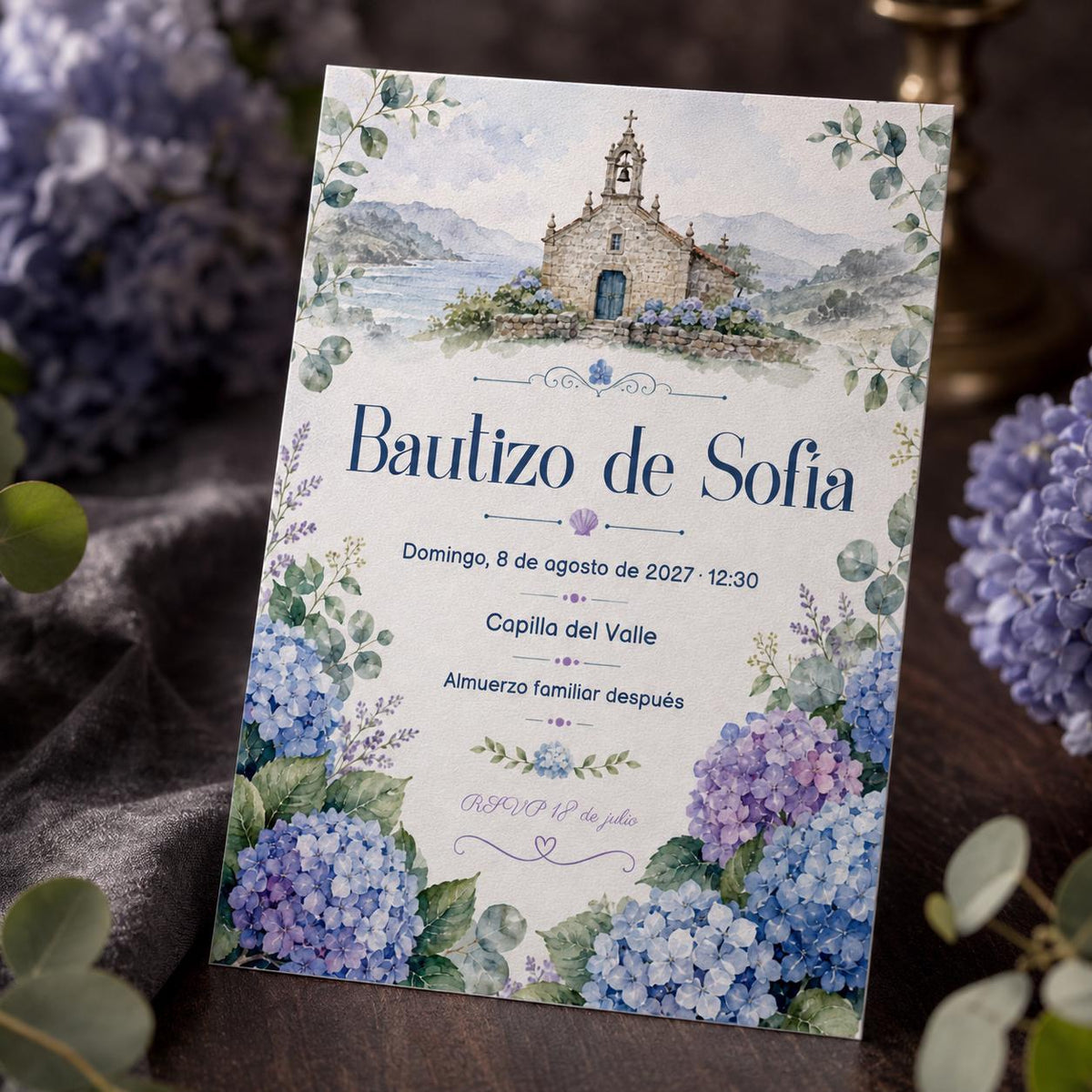 Blue Watercolor Spanish Baptism Invitation — print-ready baptism design from VoltBy