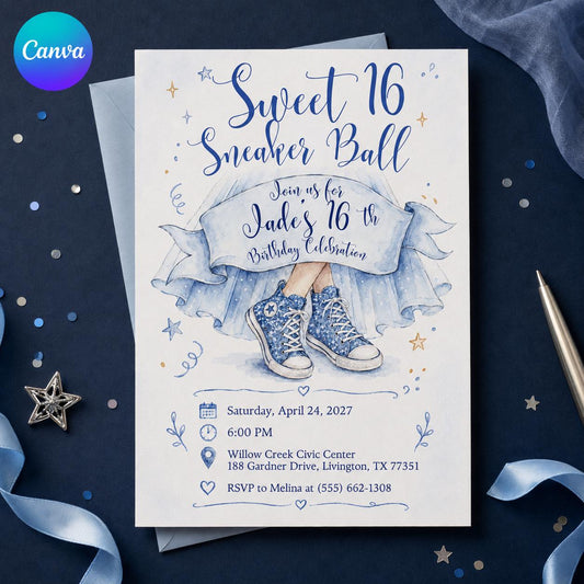 Blue Watercolor Sweet 16 Sneaker Ball Invitation for Girls — editable Canva template