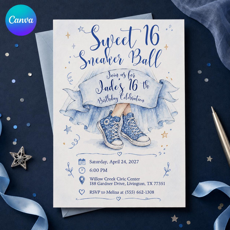 Blue Watercolor Sweet 16 Sneaker Ball Invitation for Girls