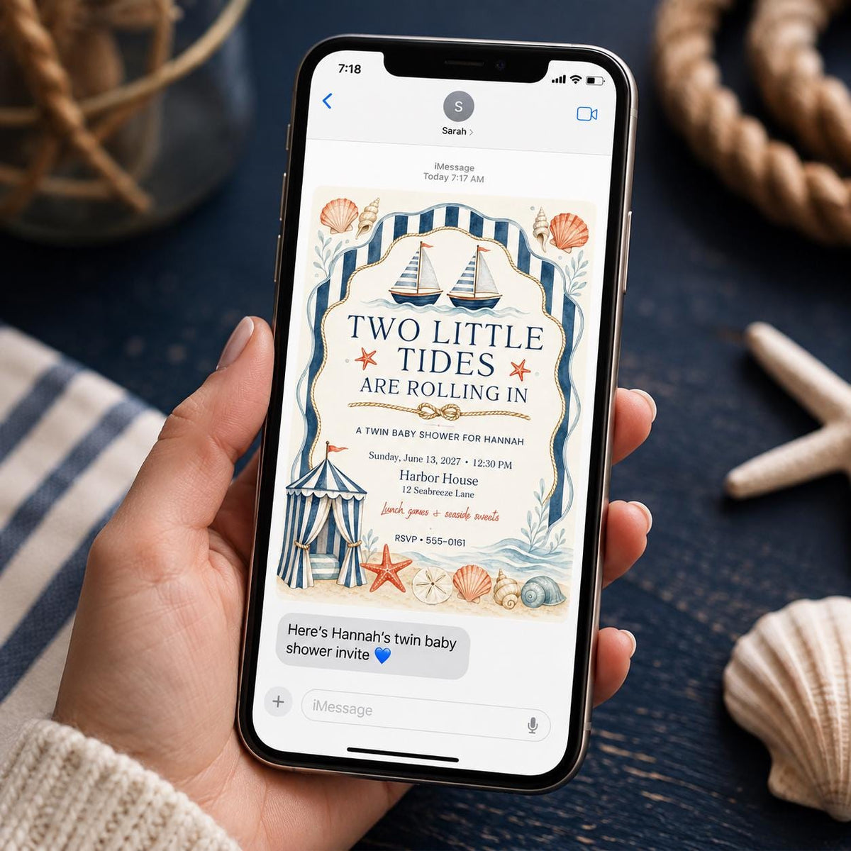 Blue Watercolor Twin Baby Shower Invitation — beach and boat design