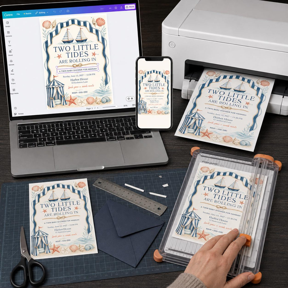 Blue Watercolor Twin Baby Shower Invitation — print-ready baby shower design from VoltBy