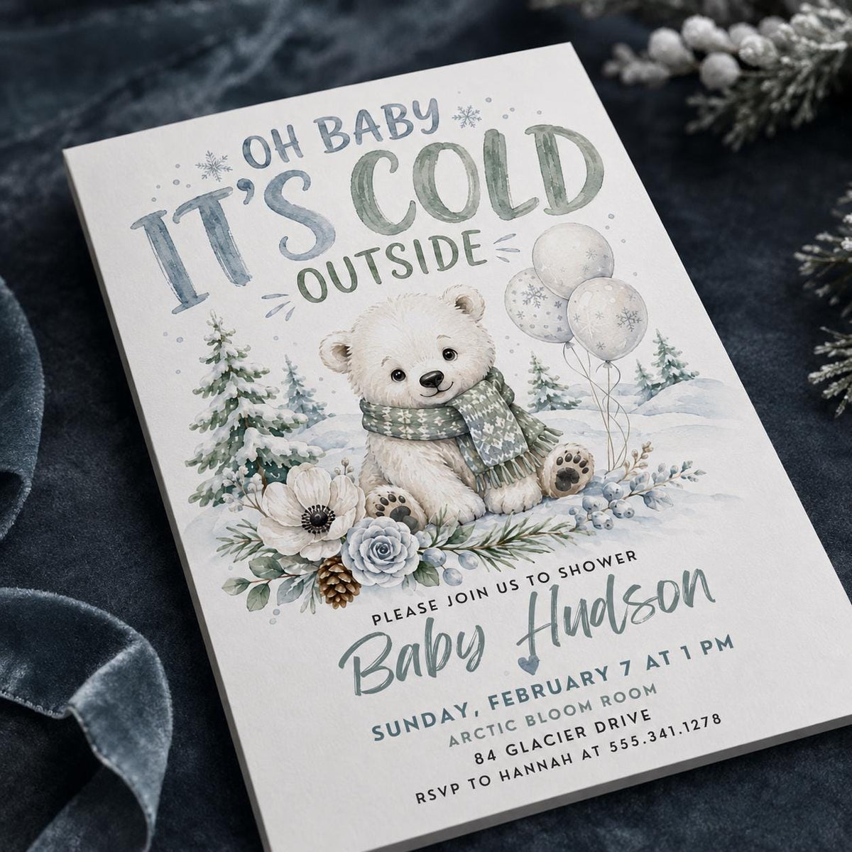 Blue Watercolor Winter Baby Shower Invitation — digital invitation, instant download