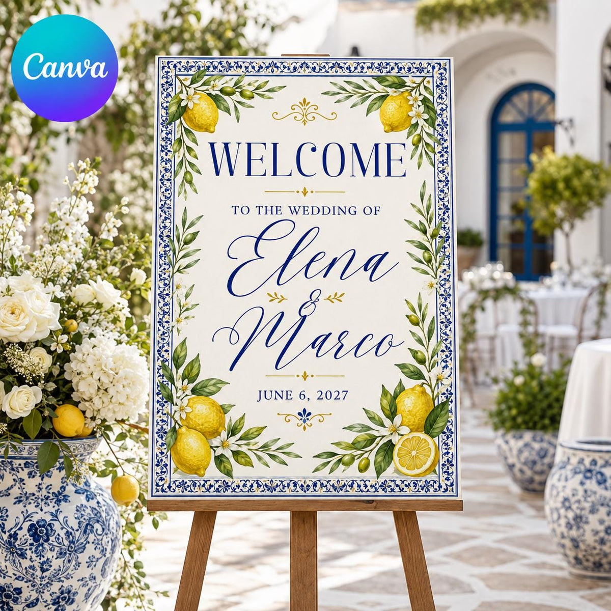 Blue Wedding Welcome Sign — editable Canva template
