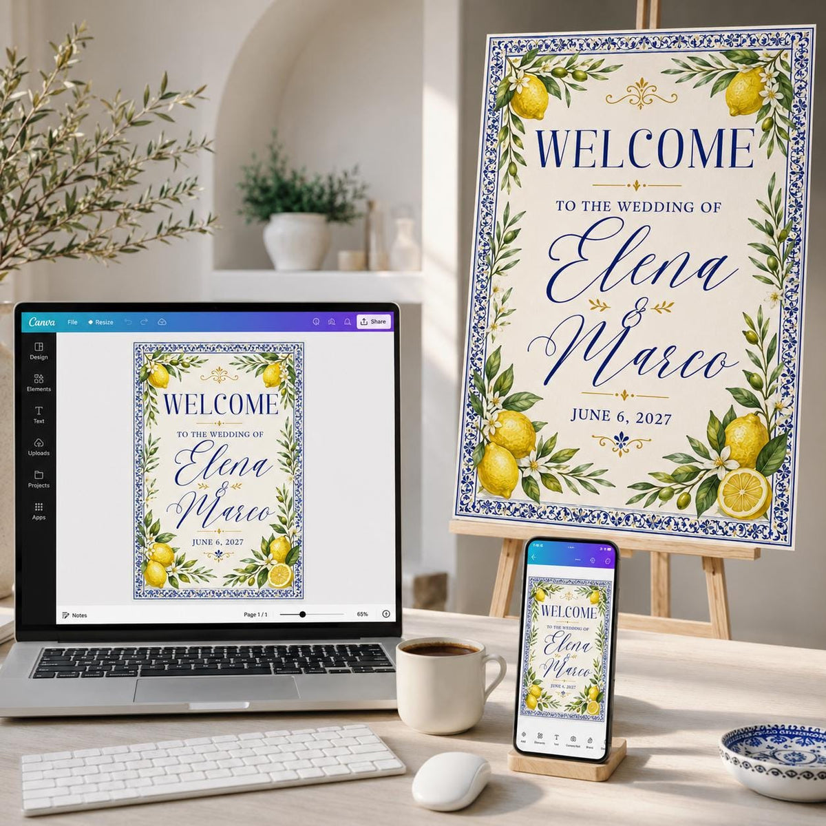 Blue Wedding Welcome Sign — welcome sign you personalize in Canva