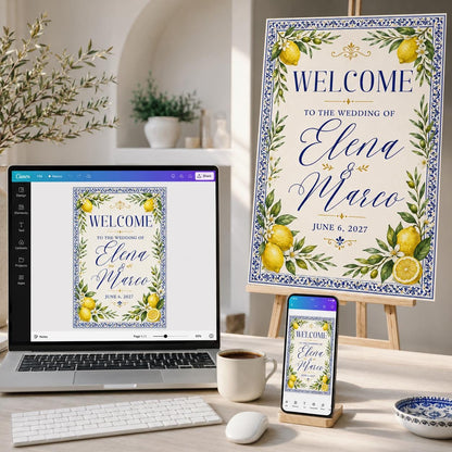 Blue Wedding Welcome Sign — welcome sign you personalize in Canva