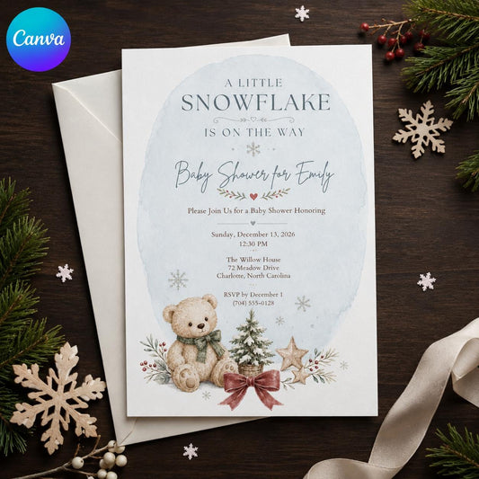 Blue Winter Baby Shower Invitation: A Little Snowflake Is on the Way Blue Snowflake — editable Canva template