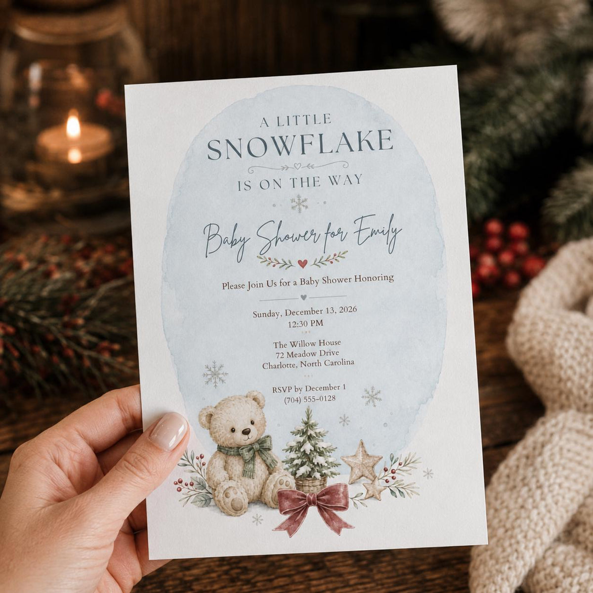 Blue Winter Baby Shower Invitation: A Little Snowflake Is on the Way Blue Snowflake — invitation you personalize in Canva