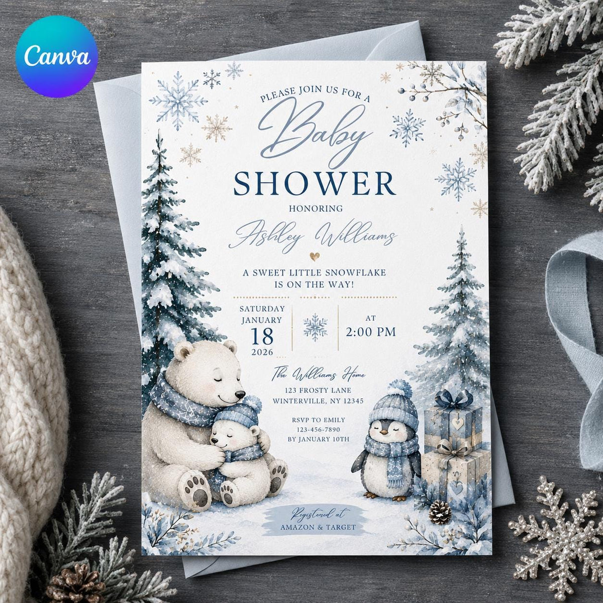 Blue Winter Baby Shower Invitation: Little Snowflake Polar Bear Penguin — editable Canva template