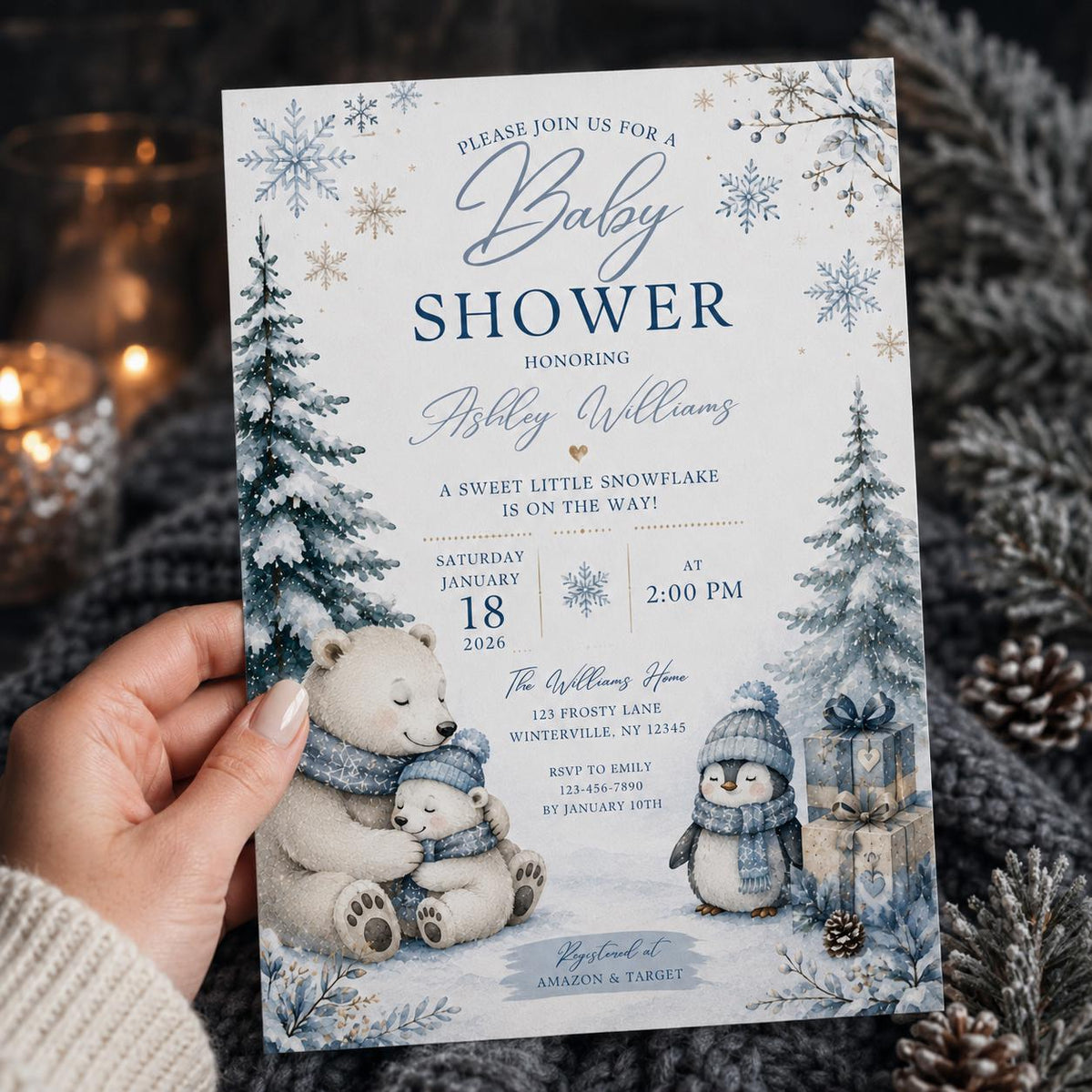 Blue Winter Baby Shower Invitation: Little Snowflake Polar Bear Penguin — print-ready baby shower design from VoltBy