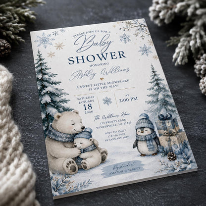 Blue Winter Baby Shower Invitation: Little Snowflake Polar Bear Penguin — baby shower stationery by VoltBy