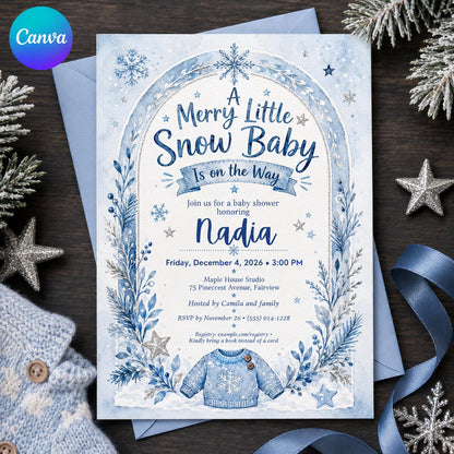 Blue Winter Baby Shower Invitation: Merry Little Snow Baby for Boys — editable Canva template