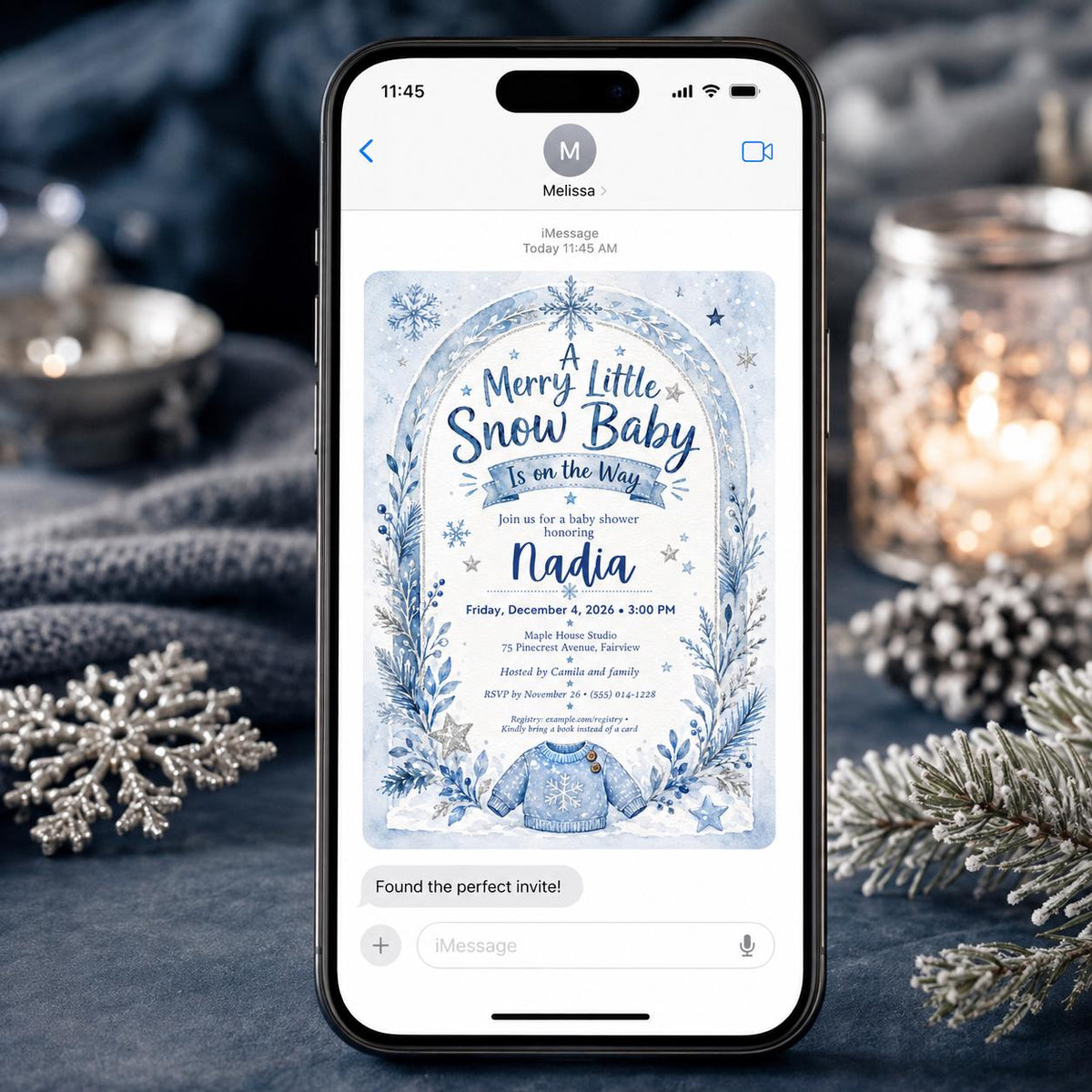 Blue Winter Baby Shower Invitation: Merry Little Snow Baby for Boys — snowflake design