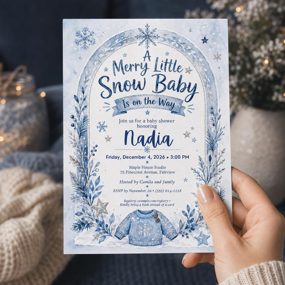 Blue Winter Baby Shower Invitation: Merry Little Snow Baby for Boys — invitation you personalize in Canva