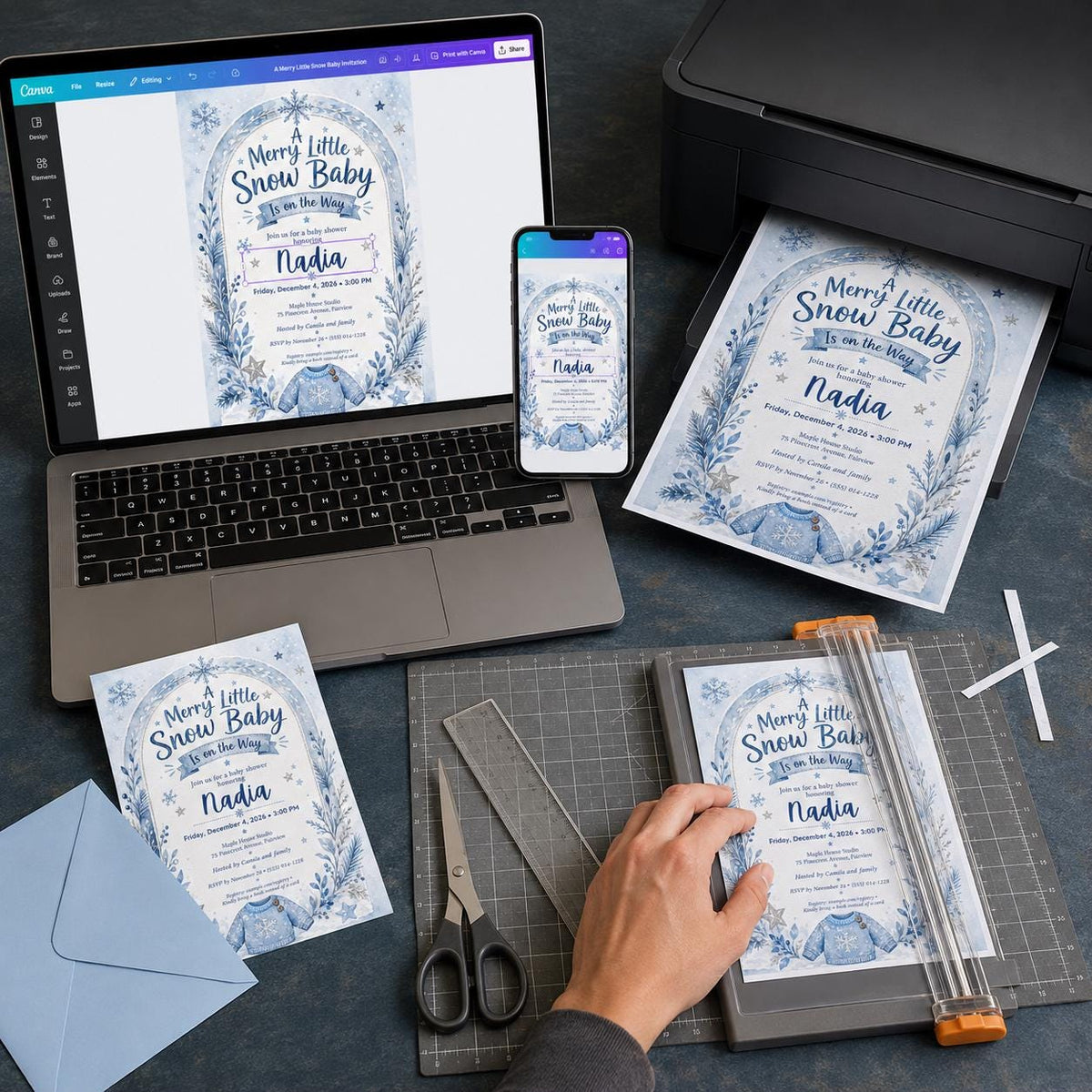 Blue Winter Baby Shower Invitation: Merry Little Snow Baby for Boys — print-ready baby shower design from VoltBy