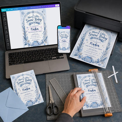 Blue Winter Baby Shower Invitation: Merry Little Snow Baby for Boys — print-ready baby shower design from VoltBy
