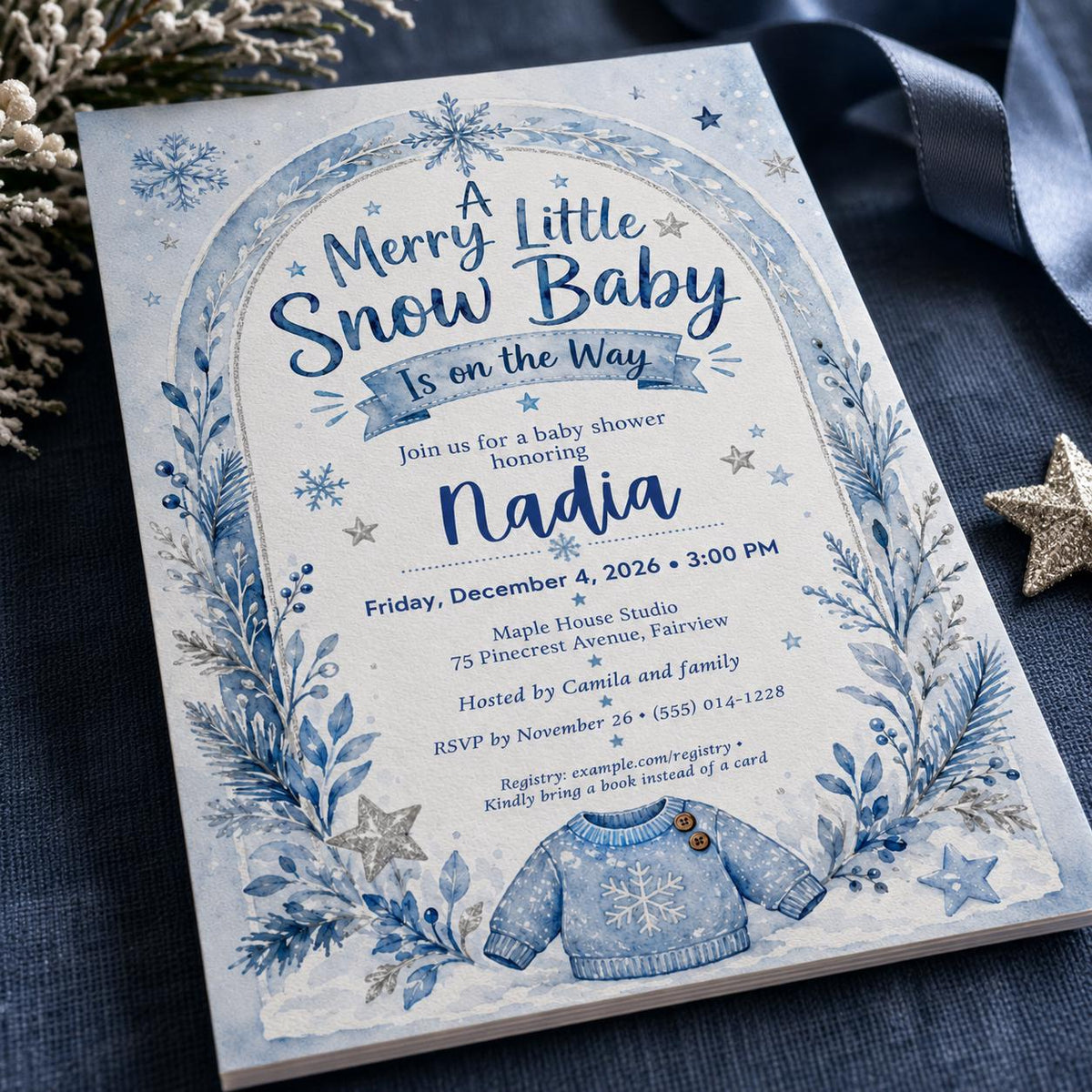 Blue Winter Baby Shower Invitation: Merry Little Snow Baby for Boys — digital invitation, instant download