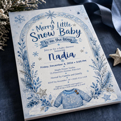 Blue Winter Baby Shower Invitation: Merry Little Snow Baby for Boys — digital invitation, instant download