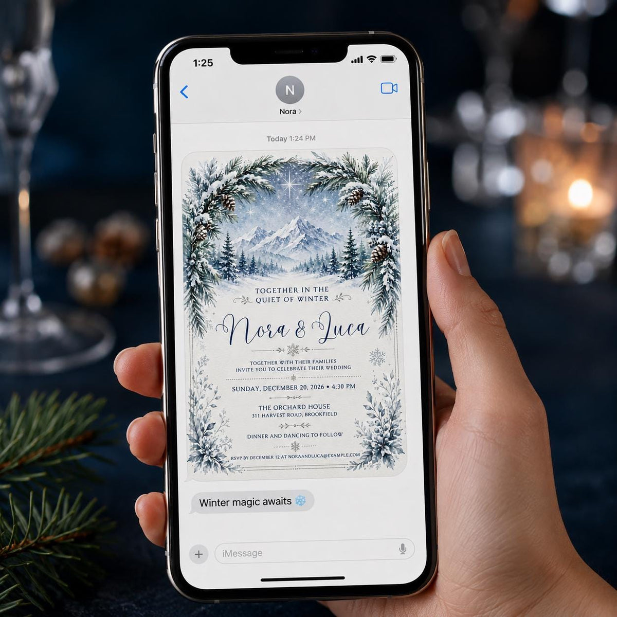 Blue Winter Mountain Wedding Invitation — mountains and pine design